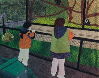 Picture of two children watching the mokeys at the zoo.